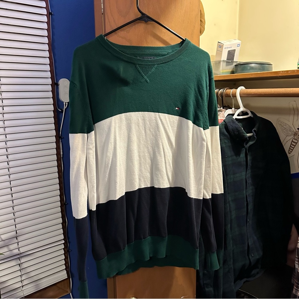 Tommy Hilfiger Green and White Crewneck Sweater